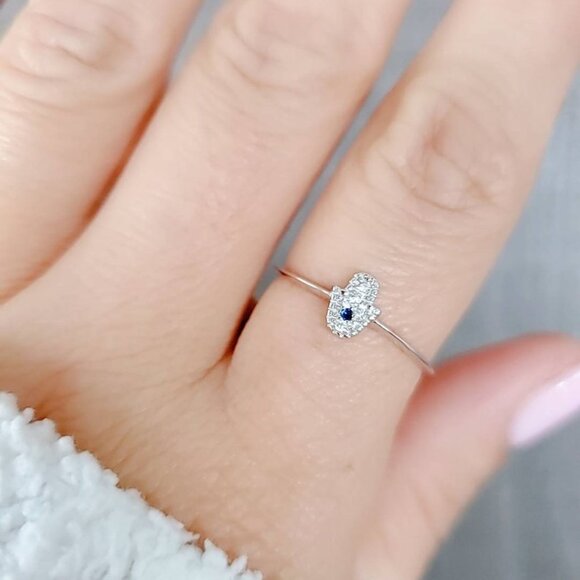 Women's 925 Thin Sterling Silver Hand Ring Dainty Small Minimalist Amulet Ring - Picture 6 of 9